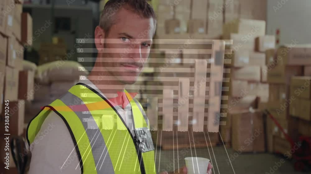 Poster Warehouse worker holding cup with bar graph and arrow animation overlay