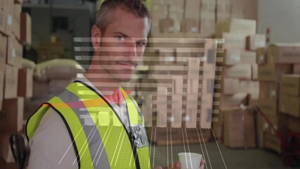 Warehouse worker holding cup with bar graph and arrow animation overlay - Powered by Adobe
