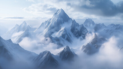 Obraz premium A breathtaking view of snow-covered mountain peaks emerging through clouds.