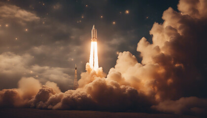 A powerful rocket launching into the night sky, surrounded by billowing clouds that glow