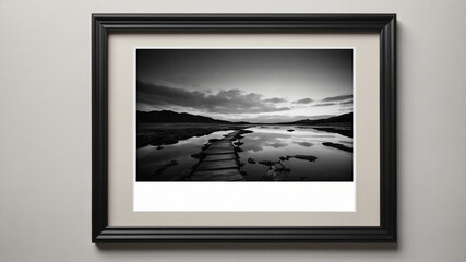 Fototapeta premium Framed black and white photo of landscape arranged against a wooden surface with gray wall.