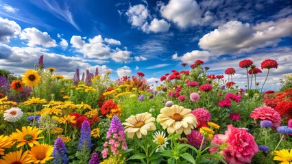 Obraz premium A Vibrant Array Of Colorful Flowers Forms A Lively Border Against A Soft Summer Sky, Creating A Charming And Idyllic Scene.