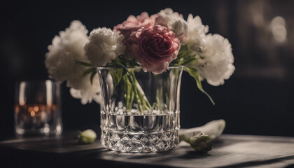A sophisticated still-life arrangement featuring elegant glassware, a bouquet of fresh flowers