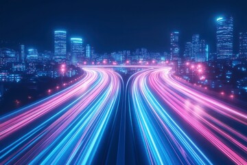 Fototapeta premium Night cityscape with vibrant light trails speeding through a street between tall skyscrapers.