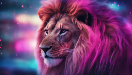 Naklejka premium A stunning digital artwork of a lion, its mane flowing with ethereal, neon colors blending pinks