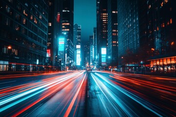 Fototapeta premium Night cityscape with vibrant light trails speeding through a street between tall skyscrapers.