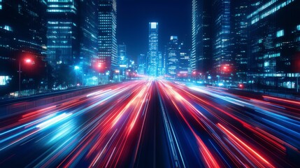 Night cityscape with vibrant light trails speeding through a street between tall skyscrapers.