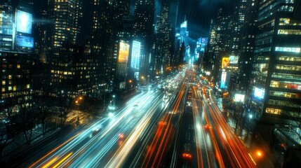 Fototapeta premium Night cityscape with vibrant light trails speeding through a street between tall skyscrapers.