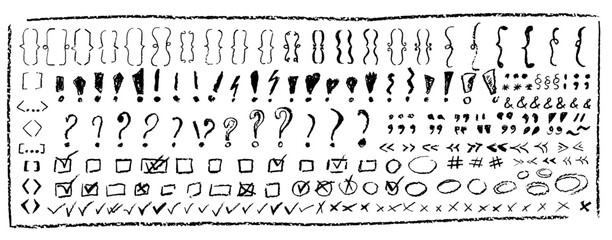 Set of children hand drawn crayon text symbols. Collection of black color pastel symbol brackets, question, circles, exclamation etc. Vector charcoal doodle shapes and squiggles in childish style
