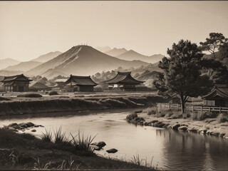 日本、朝の田舎