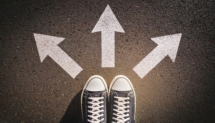 Sneakers shoes and arrows pointing in different directions on asphalt floor, life and studies choice for young people concept