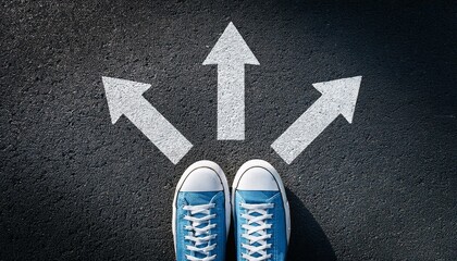 Sneakers shoes and arrows pointing in different directions on asphalt floor, life and studies choice for young people concept