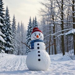 A snowman in a snowy forest 