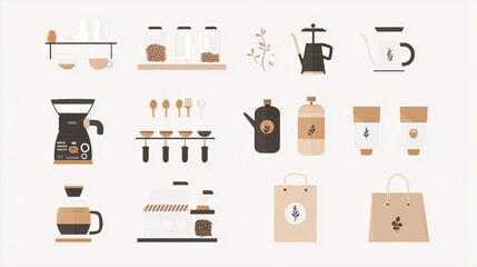 Minimalist vector illustrations of coffee tools and beans, featuring a hand-drawn doodle style with simple shapes, including a coffee machine, French press, dripping pot, coffee bag