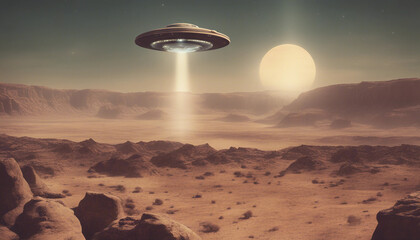 A vintage-style poster of a UFO hovering over a rocky, alien landscape with a giant, glowing planet 
