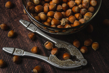 Hazelnuts and nutcracker on wooden background
