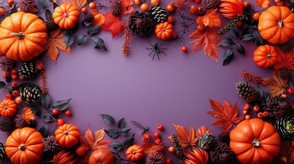Obraz premium Halloween decorations on purple background flat lay with skeletons, bats, silhouettes, spiders, and pumpkins. Happy Halloween concept.