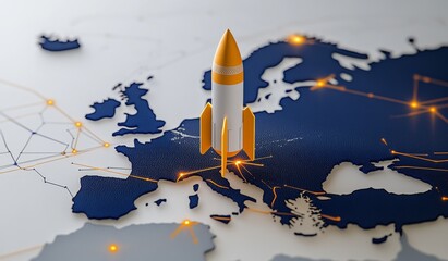 A rocket taking off from a map of Europe, against a white background