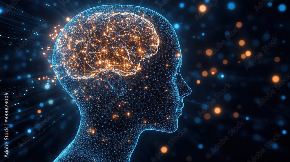 Poster 3d rendering of a human head with a glowing brain and a digital network on a dark blue background
