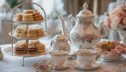 Naklejka premium An elegant afternoon tea setup with a tiered stand filled with delicate sandwiches, scones, and past