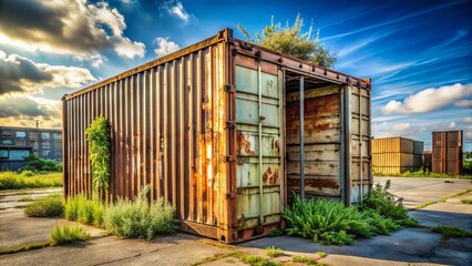 Fototapeta premium A worn, rusted shipping container with faded paint and corroded metal doors stands alone in a deserted, sunny industrial yard with weeds growing around it.