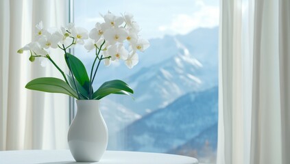 A white pot with an orchid flower stands on the table in front of a large window