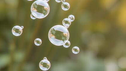Soap bubbles with dew drops on green background. Close up.