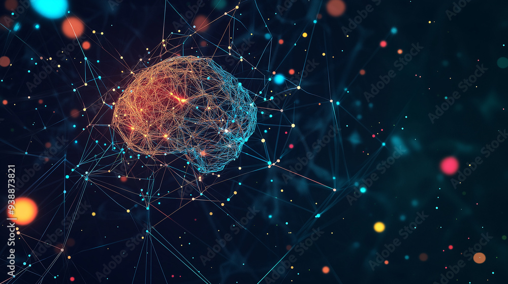 Poster abstract visualization of a glowing brain connected by neural networks with blue and pink lights.