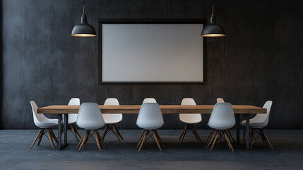 Modern conference room with a large table, white chairs, and a blank presentation screen.