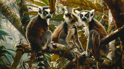 Three Lemurs in a Rainforest