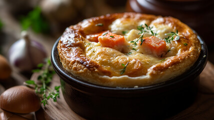 Delicious homemade chicken pot pie with golden flaky crust on a rustic wooden table surrounded by fresh herbs and vegetables