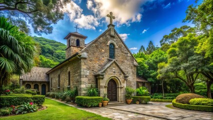 Fototapeta premium beautiful stone building with a prominent Christian cross, lush greenery, and a tranquil atmosphere, evoking a sense of faith and academic pursuit.