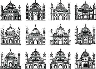 Obraz premium Mosques with Domes and Minarets in Various Architectural Styles and Designs