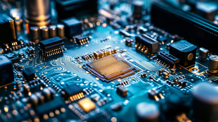 Fototapeta premium CPU inside a circuit board factory. This image is part of a series showcasing semiconductors and microchips being installed by robots on a motherboard, illustrating advanced manufacturing processes 