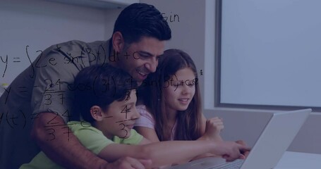 Helping children with laptop, father using mathematical equations animation - Powered by Adobe