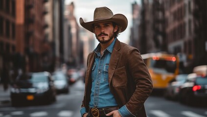 Obraz premium Urban Cowboy Style - Man in Denim and Hat Standing on City Street