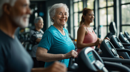 Senior women exercising on treadmills at a gym, smiling and enjoying their workout.