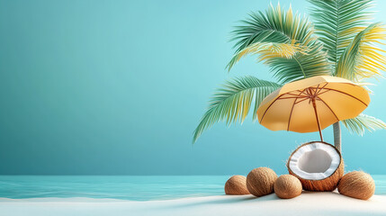 Obraz premium 3D render of a tropical summer background with a coconut and umbrella on a blue color background