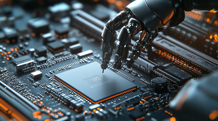 CPU inside a circuit board factory. This image is part of a series showcasing semiconductors and microchips being installed by robots on a motherboard, illustrating advanced manufacturing processes 
