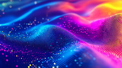 A colorful, abstract digital landscape with waves of multicolored light and dots.