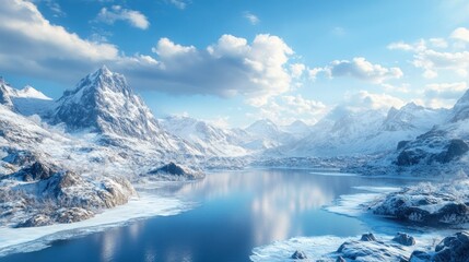 Snowy Mountain Range with a Frozen Lake