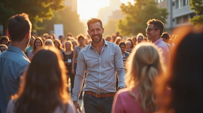 Charismatic Leader Engaging with Diverse Crowd at Sunny Outdoor Event: Networking and Community Building
