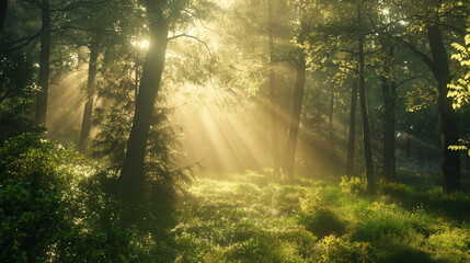 Obraz premium Trees in a green forest with light shining through