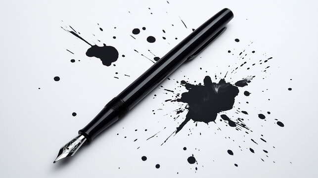 A fountain pen on white paper with scattered black ink splatters around it.
