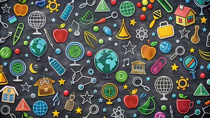 Brightly colored chalkboard background with minimalistic school icons, including a globe, apple, and ABC blocks, in a seamless and repeating pattern.
