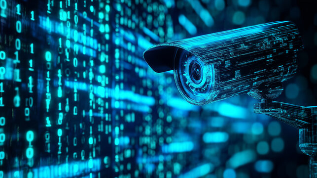 A security camera mounted on a digital wall with glowing binary code in the background.

