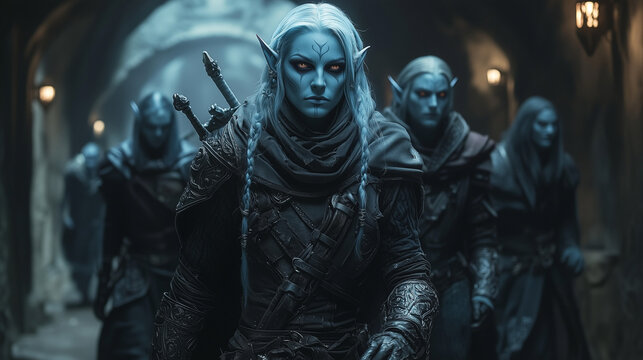 drow female warrior with twin braids and glowing red eyes leading a group through a dim corridor, emanating power and fearlessness