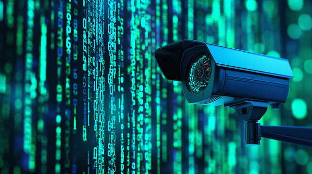 A security camera mounted on a digital wall with glowing binary code in the background.
