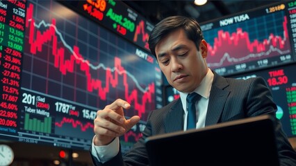 Asian businessman working on laptop computer with stock market graph on screen.