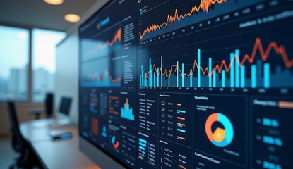 A computer monitor displays a number of graphs and charts. Scene is professional and focused, as the graphs and charts are likely being used for data analysis or financial reporting